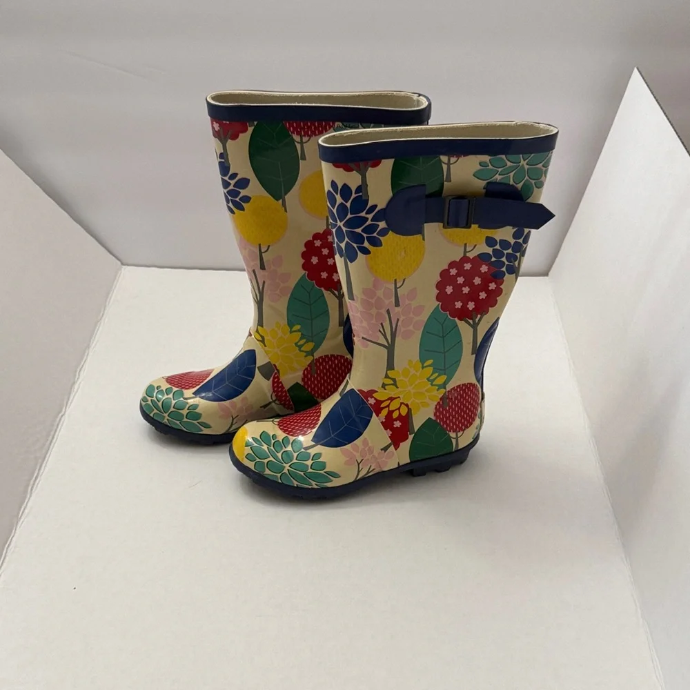 Mini Boden Cream Floral Rain Boots with Red, Yellow & Blue Accents